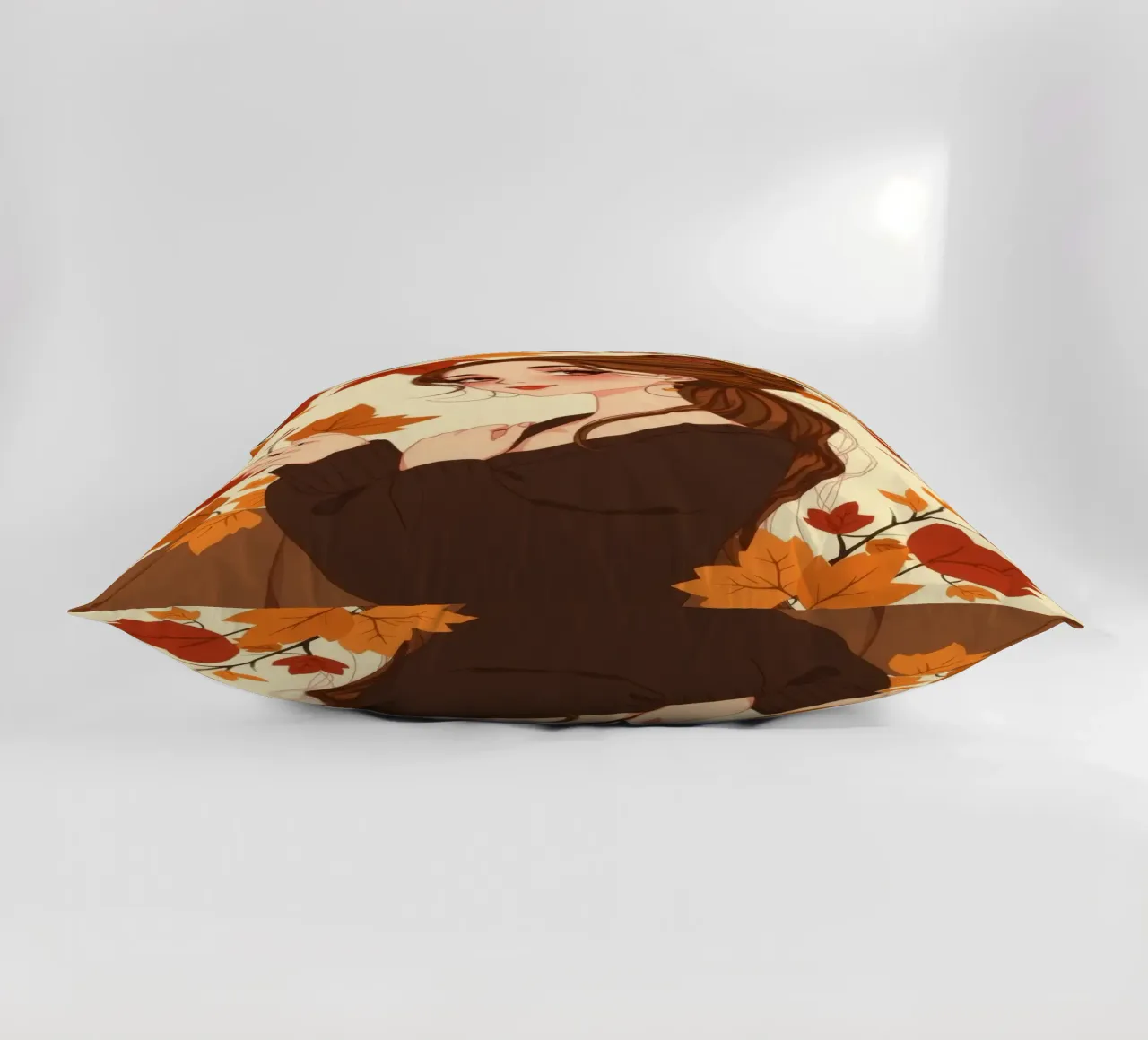 donna con foglie d'autunno in un'illustrazione dai toni caldi cuscino da DesignDoodle