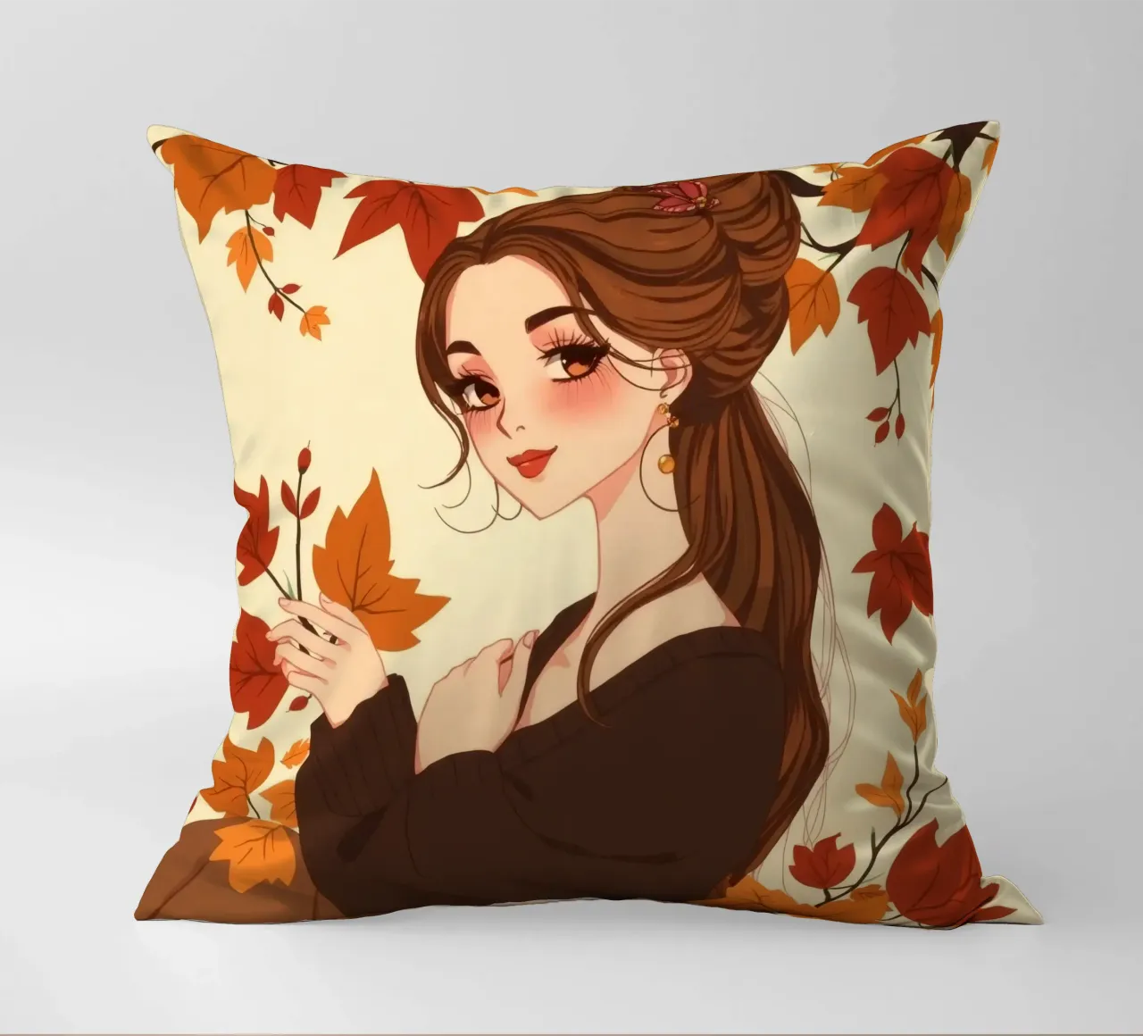 donna con foglie d'autunno in un'illustrazione dai toni caldi cuscino da DesignDoodle