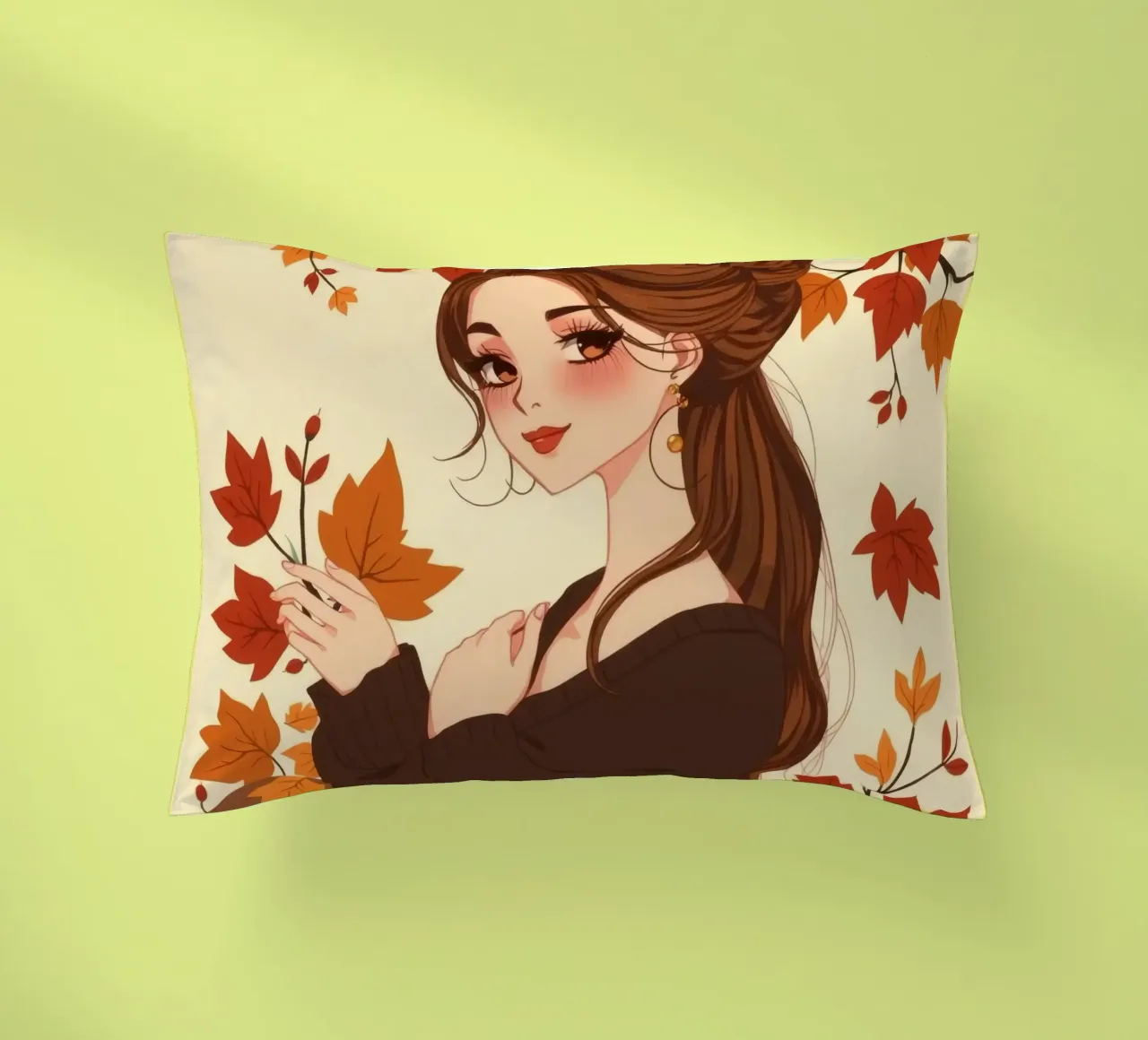 donna con foglie d'autunno in un'illustrazione dai toni caldi cuscino da DesignDoodle