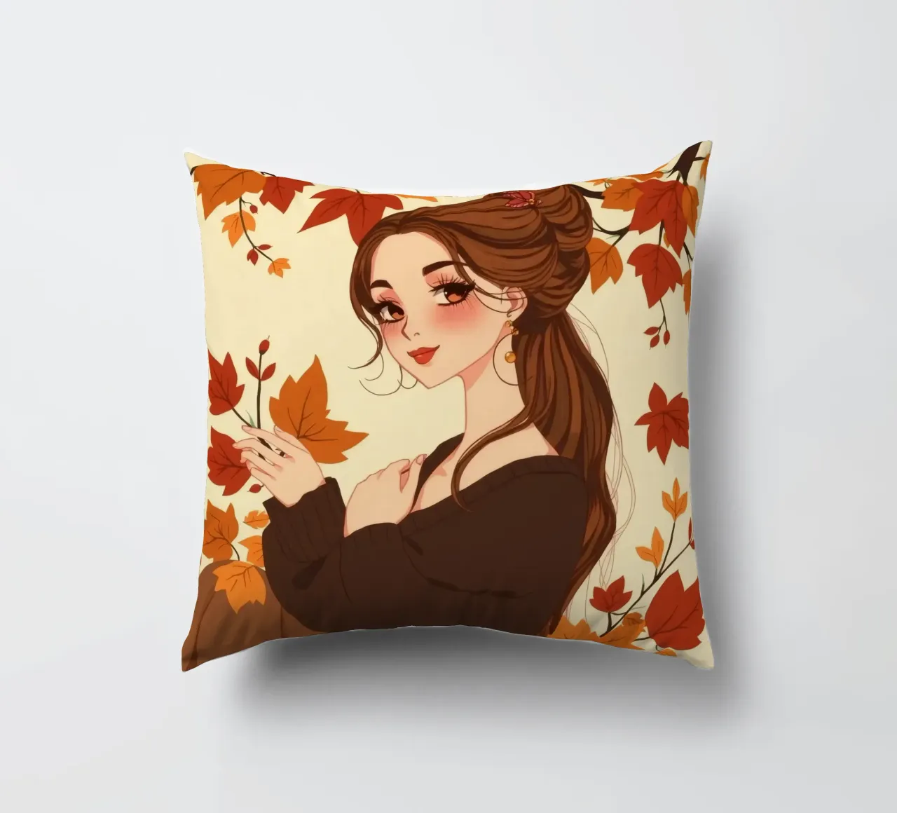 donna con foglie d'autunno in un'illustrazione dai toni caldi cuscino da DesignDoodle