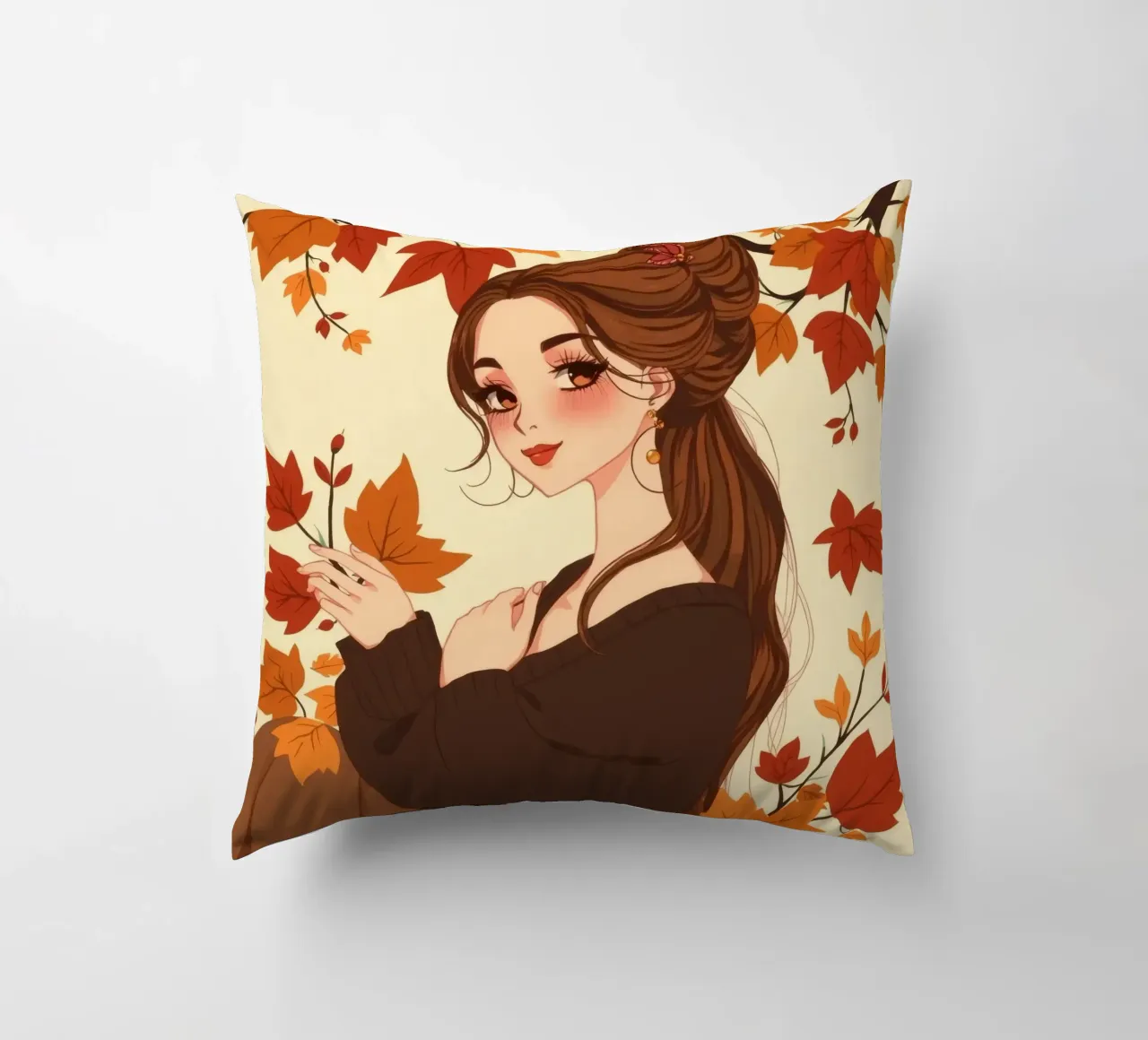 donna con foglie d'autunno in un'illustrazione dai toni caldi cuscino da DesignDoodle