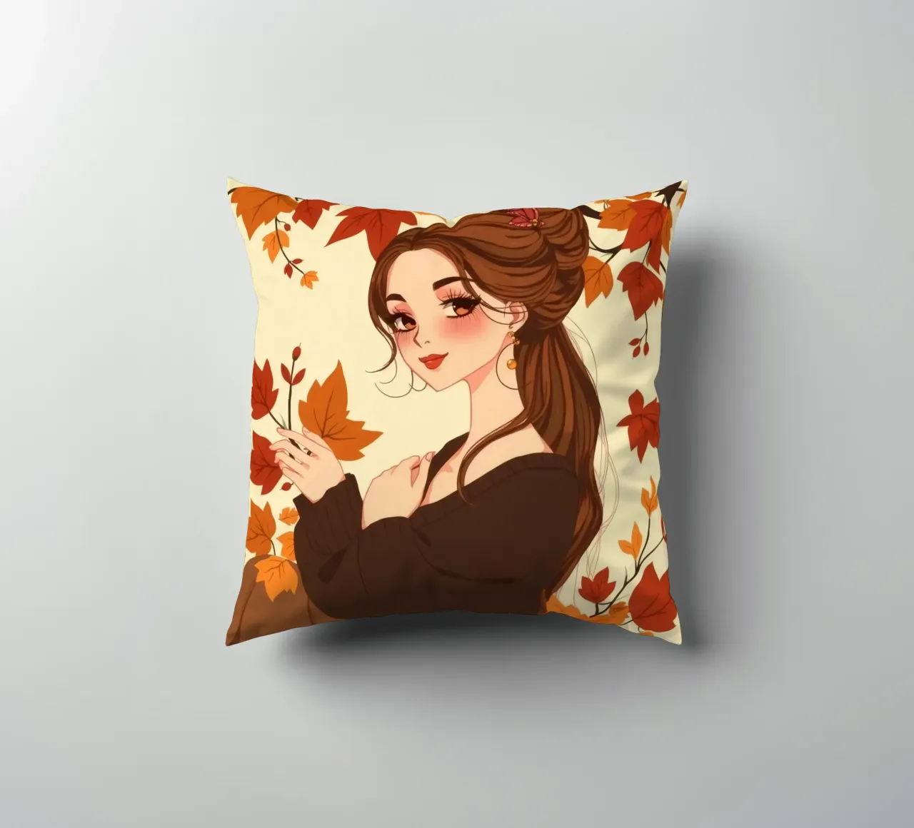 donna con foglie d'autunno in un'illustrazione dai toni caldi cuscino da DesignDoodle
