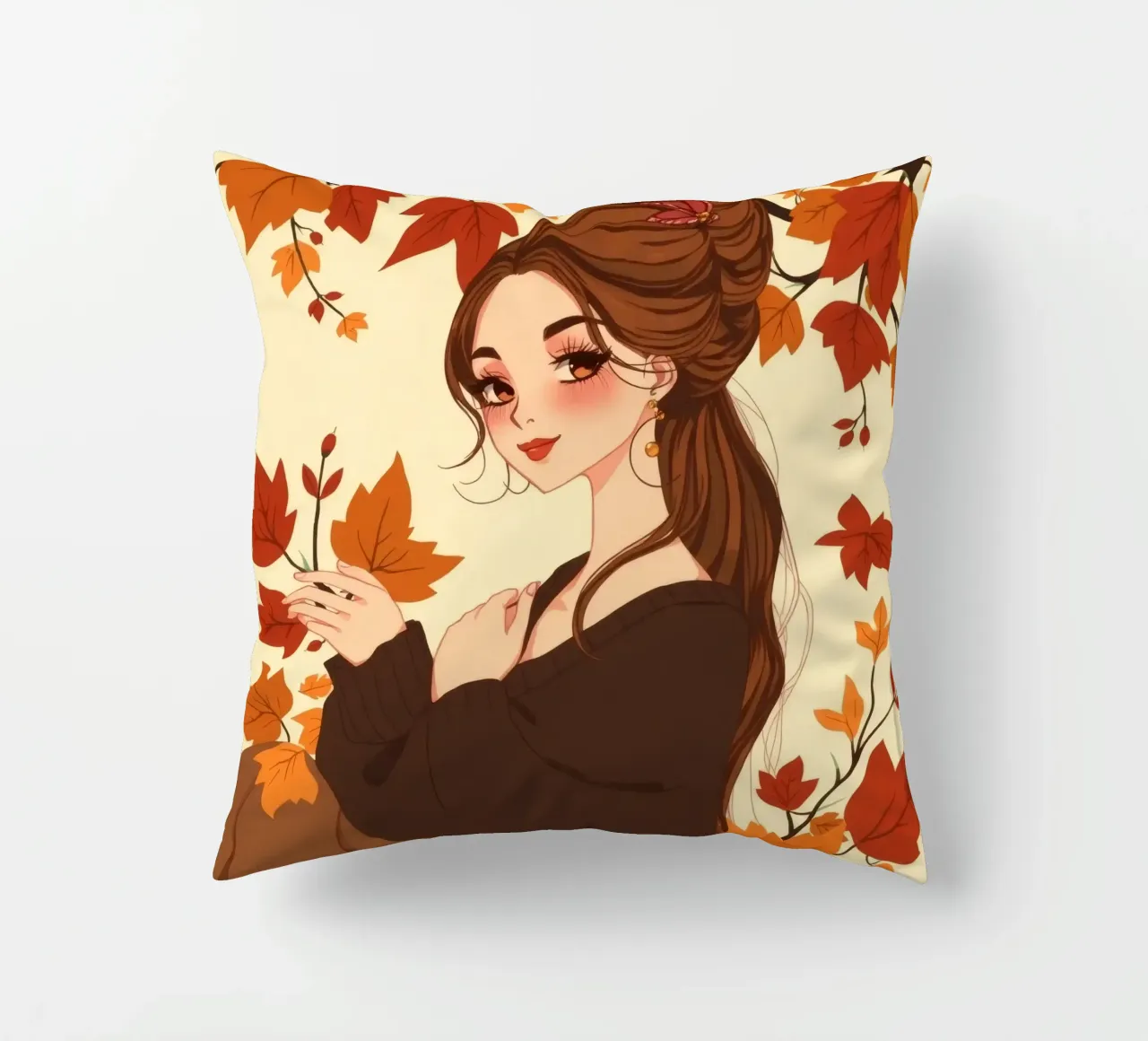 donna con foglie d'autunno in un'illustrazione dai toni caldi cuscino da DesignDoodle