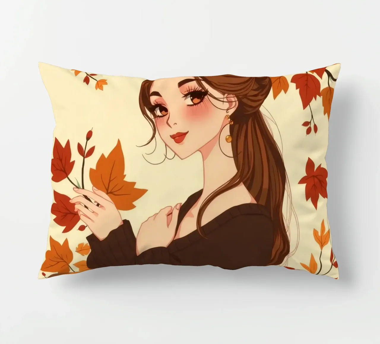 donna con foglie d'autunno in un'illustrazione dai toni caldi cuscino da DesignDoodle