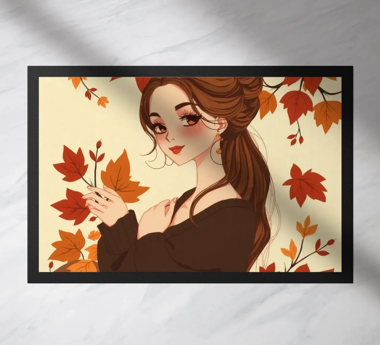 donna con foglie d'autunno in un'illustrazione dai toni caldi zerbino da DesignDoodle