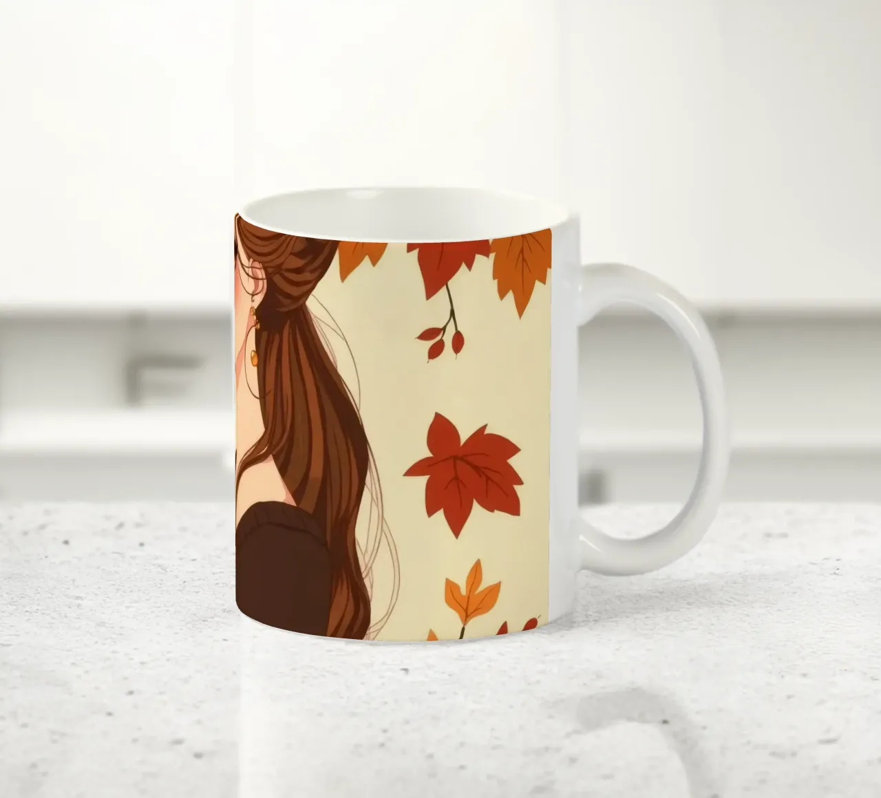 donna con foglie d'autunno in un'illustrazione dai toni caldi tazza in ceramica da DesignDoodle