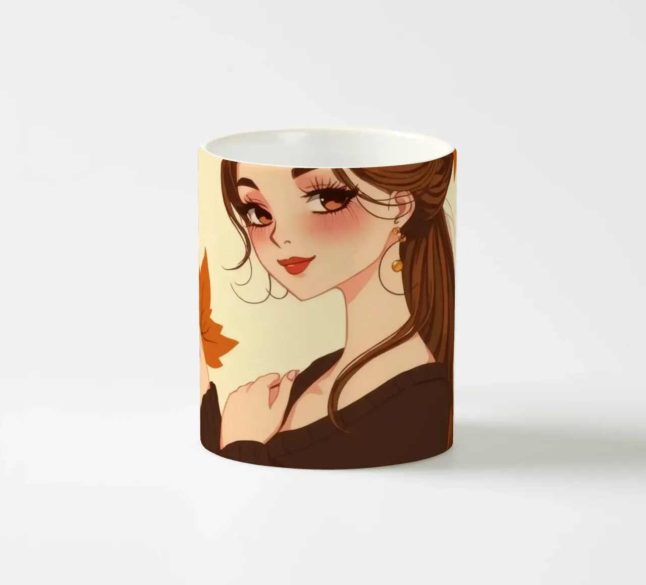 donna con foglie d'autunno in un'illustrazione dai toni caldi tazza in ceramica da DesignDoodle