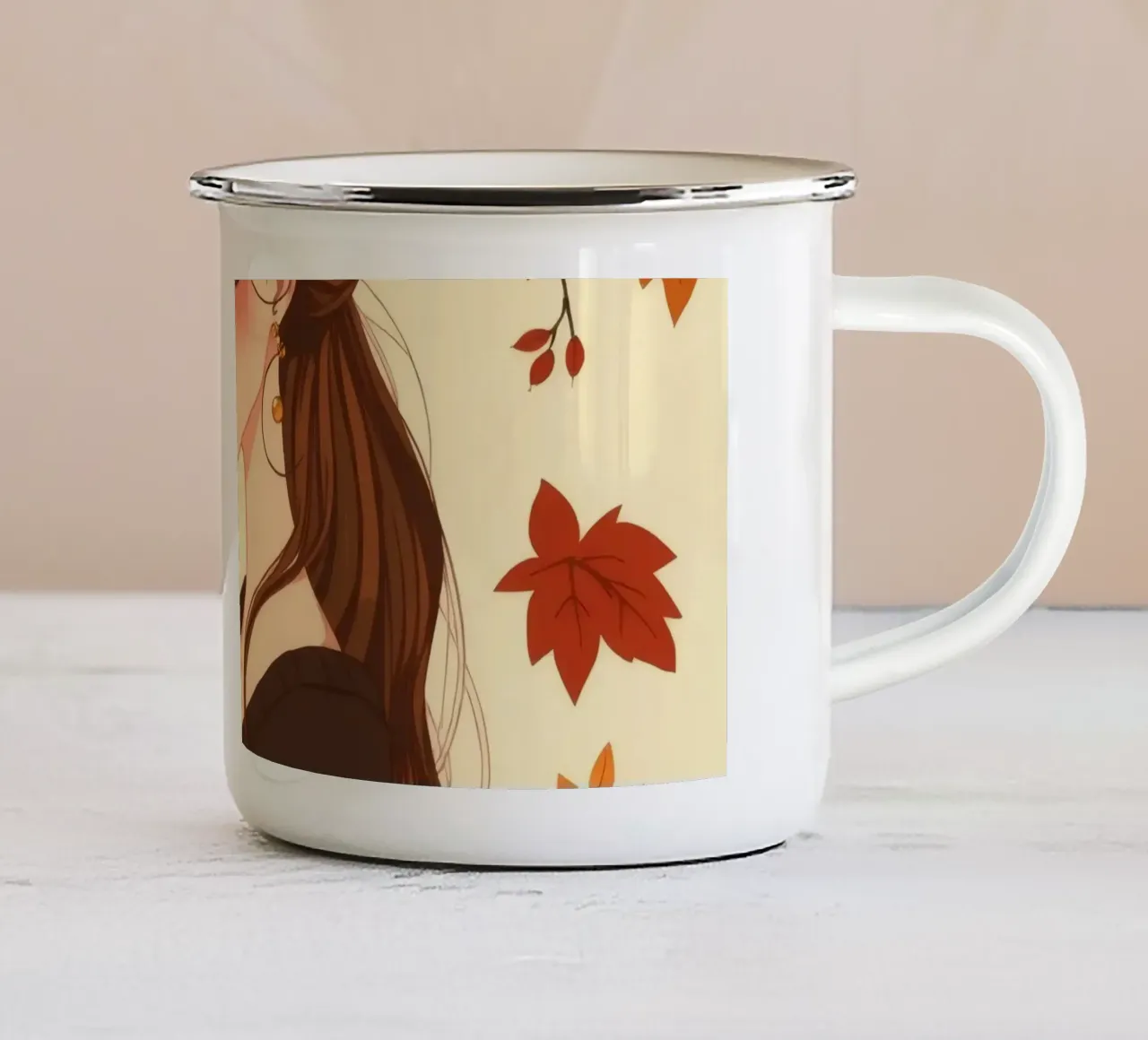 donna con foglie d'autunno in un'illustrazione dai toni caldi tazza in smalto da DesignDoodle