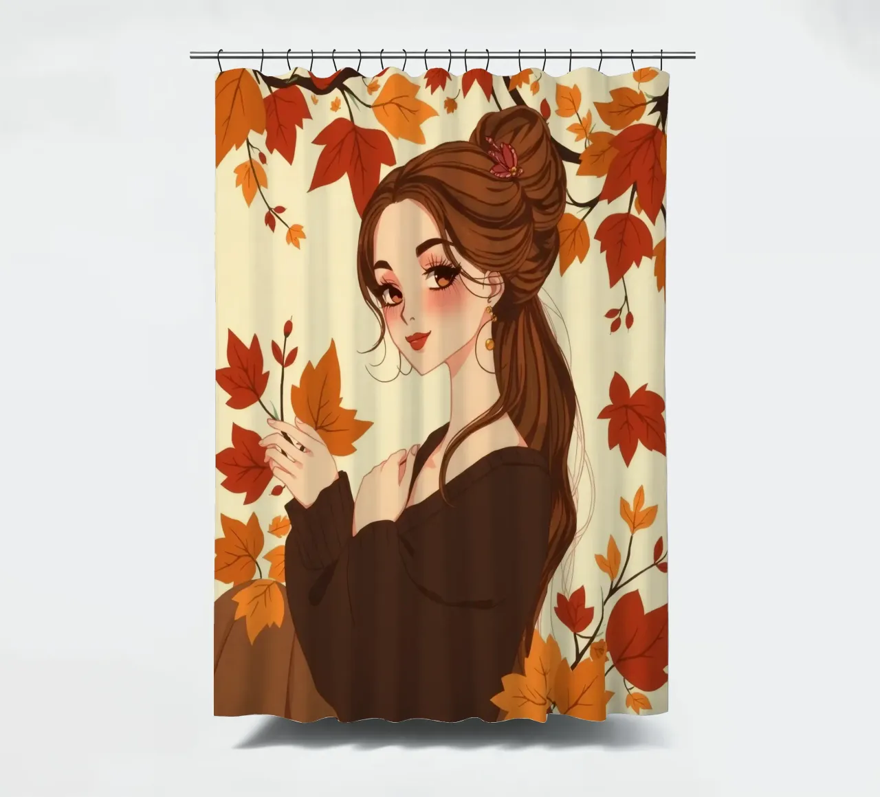 donna con foglie d'autunno in un'illustrazione dai toni caldi tenda da doccia da DesignDoodle