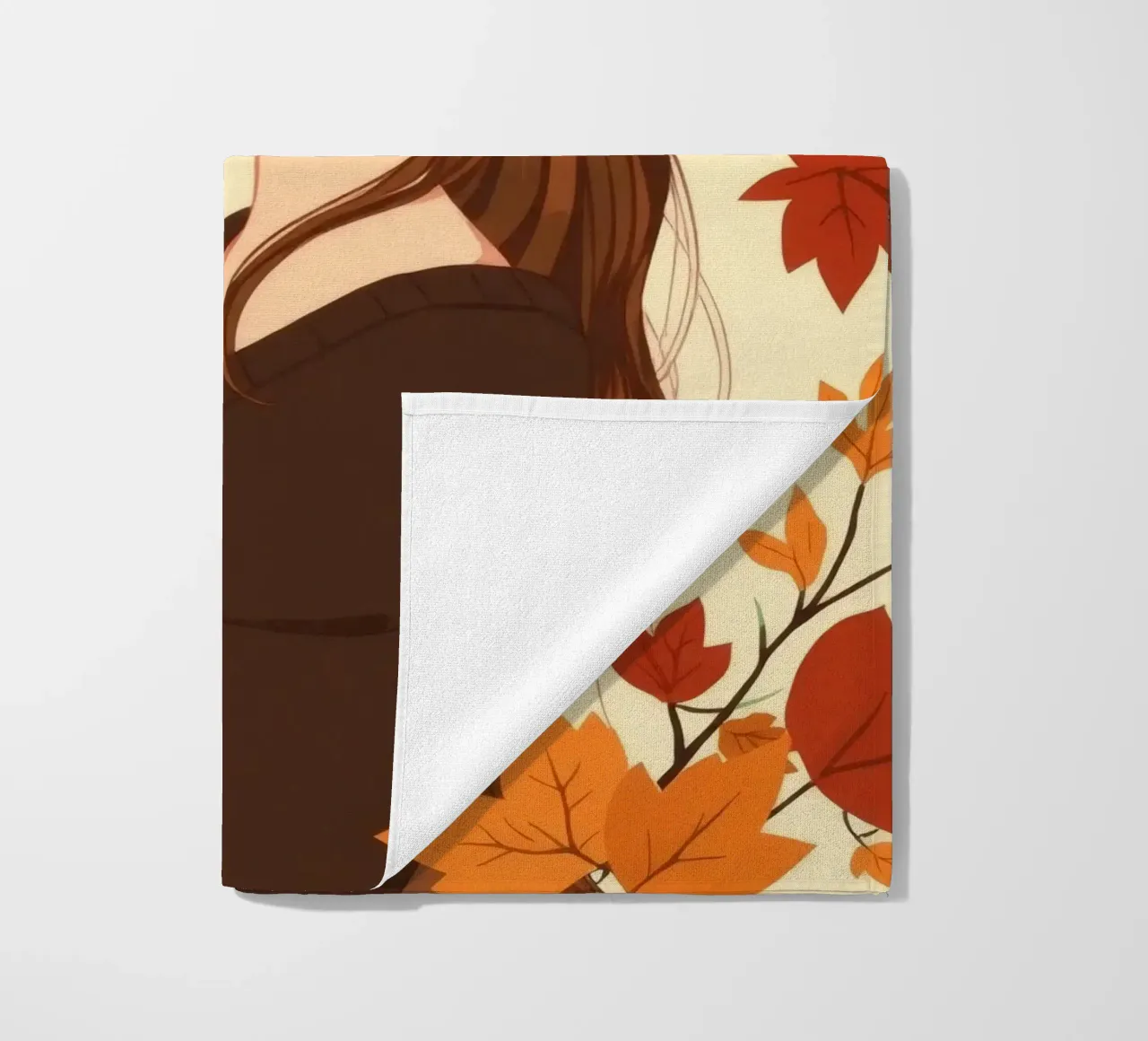 donna con foglie d'autunno in un'illustrazione dai toni caldi telo mare da DesignDoodle