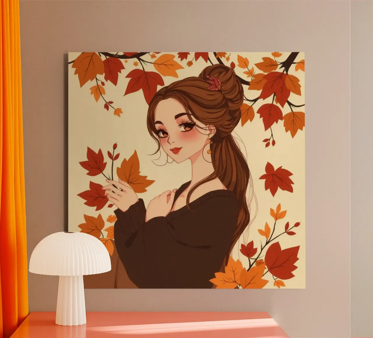 donna con foglie d'autunno in un'illustrazione dai toni caldi alluminio dibond da DesignDoodle