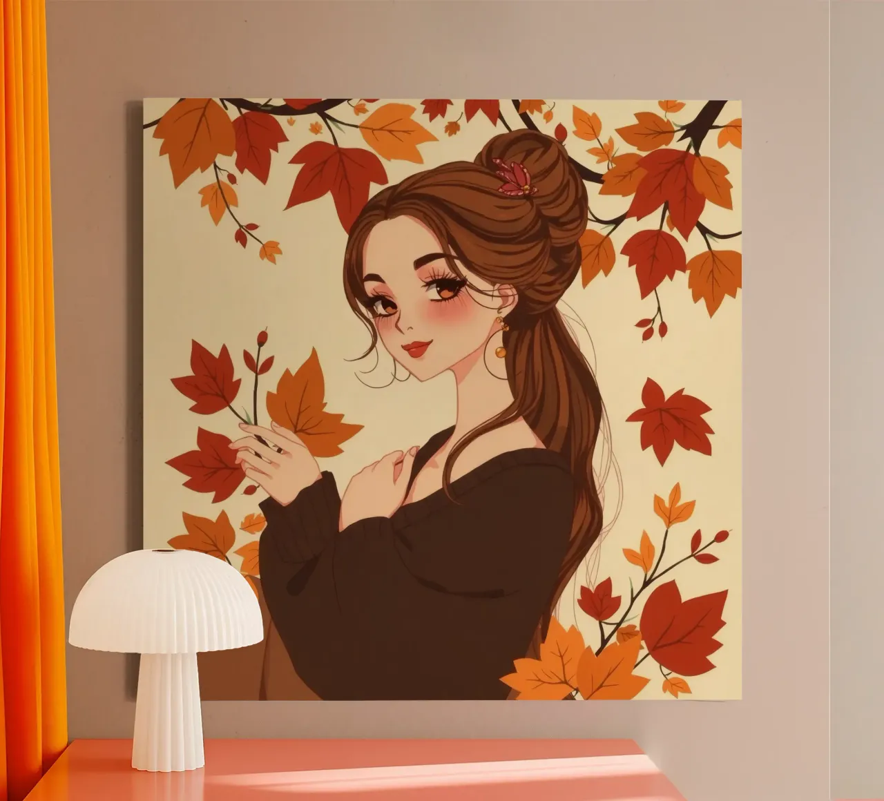 donna con foglie d'autunno in un'illustrazione dai toni caldi tela da DesignDoodle