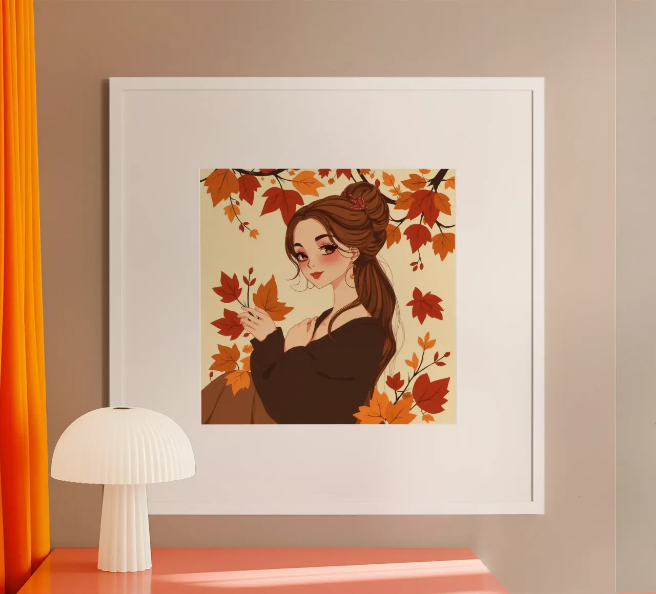 donna con foglie d'autunno in un'illustrazione dai toni caldi carta hahnemühle da DesignDoodle