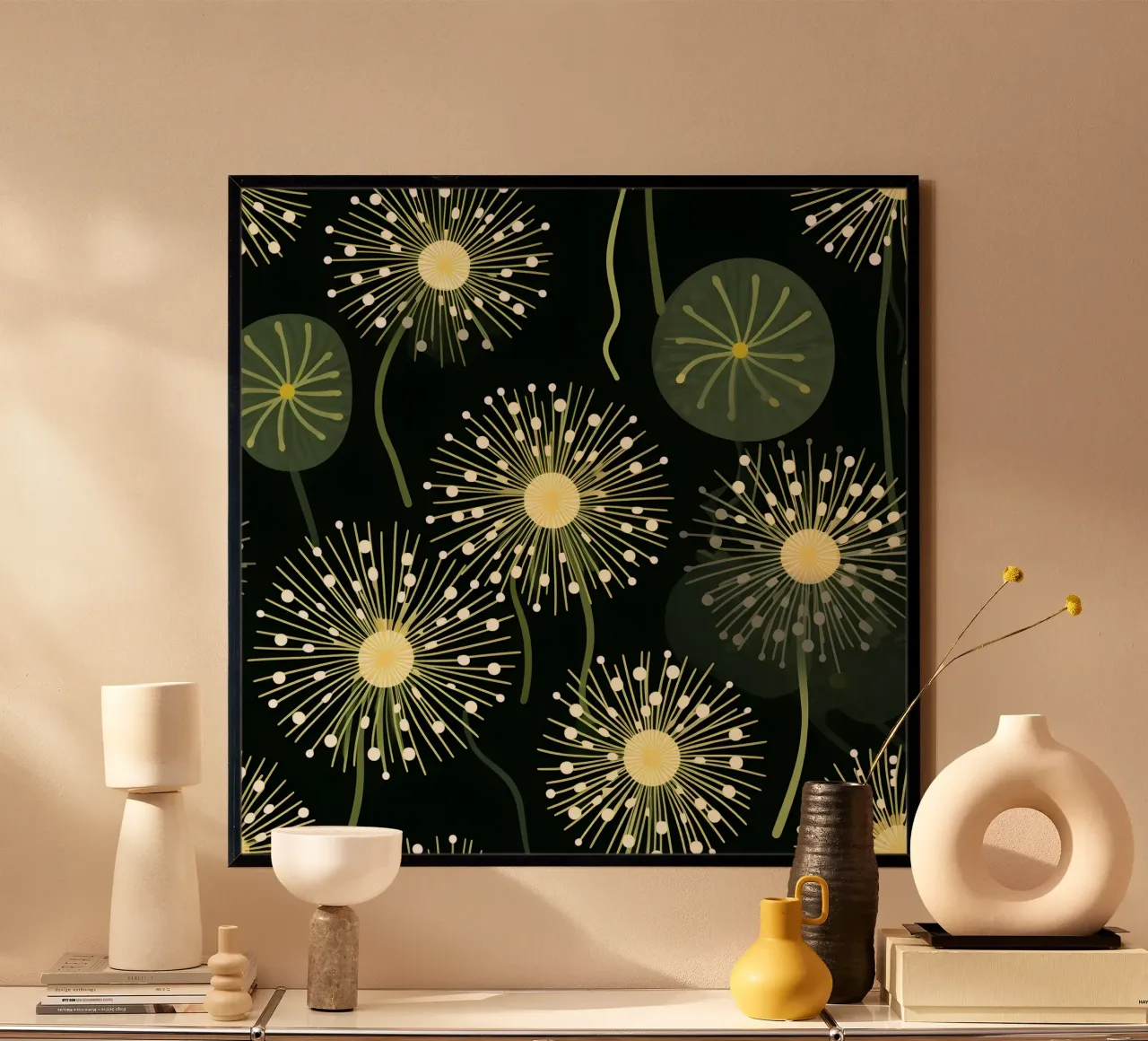 Denti di leone celesti poster con telaio in alluminio da Botanical Pattern House