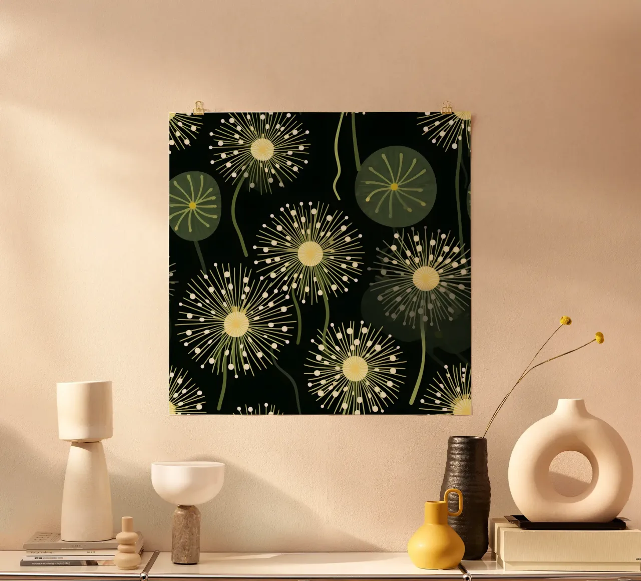 Denti di leone celesti poster con telaio in alluminio da Botanical Pattern House