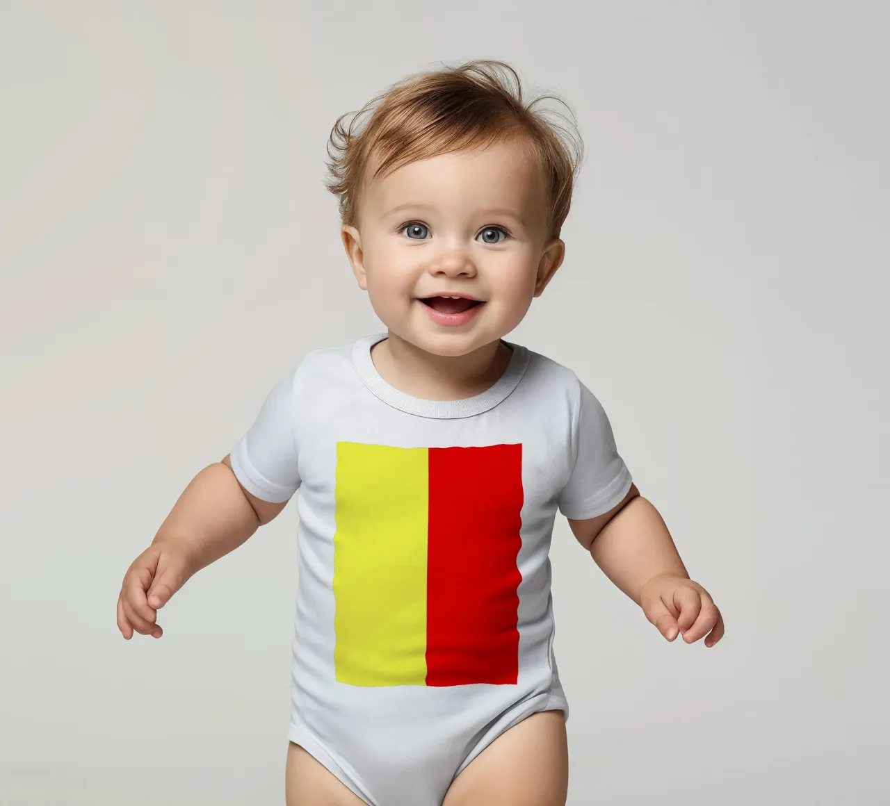 yellow and red colors divide the canvas artistic style short-sleeve baby romper by DesignDoodle