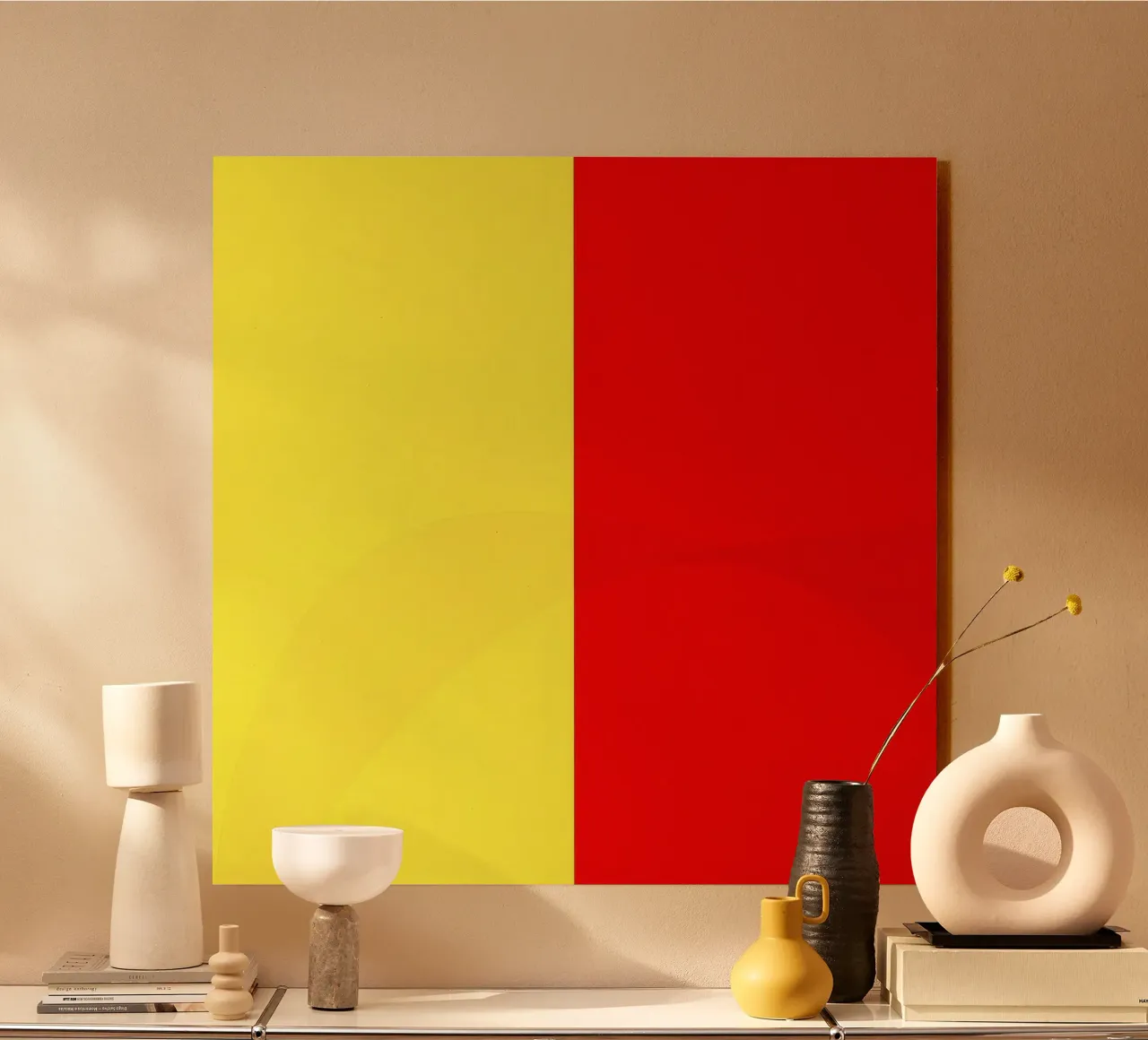 yellow and red colors divide the canvas artistic style alu-dibond by DesignDoodle