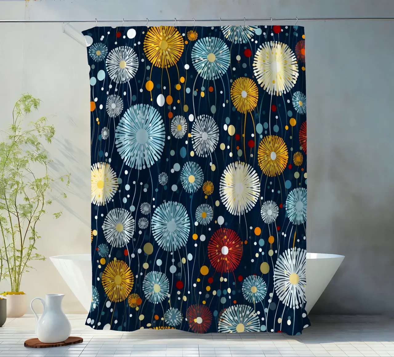 Celestial Dandelions shower curtain by Botanical Pattern House