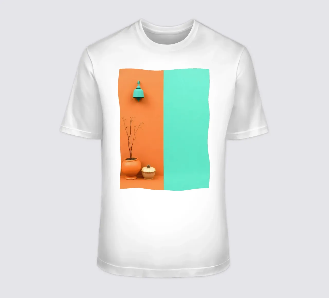 espositore decorativo con una pianta, una campana e zucche su un supporto t-shirt da DesignDoodle