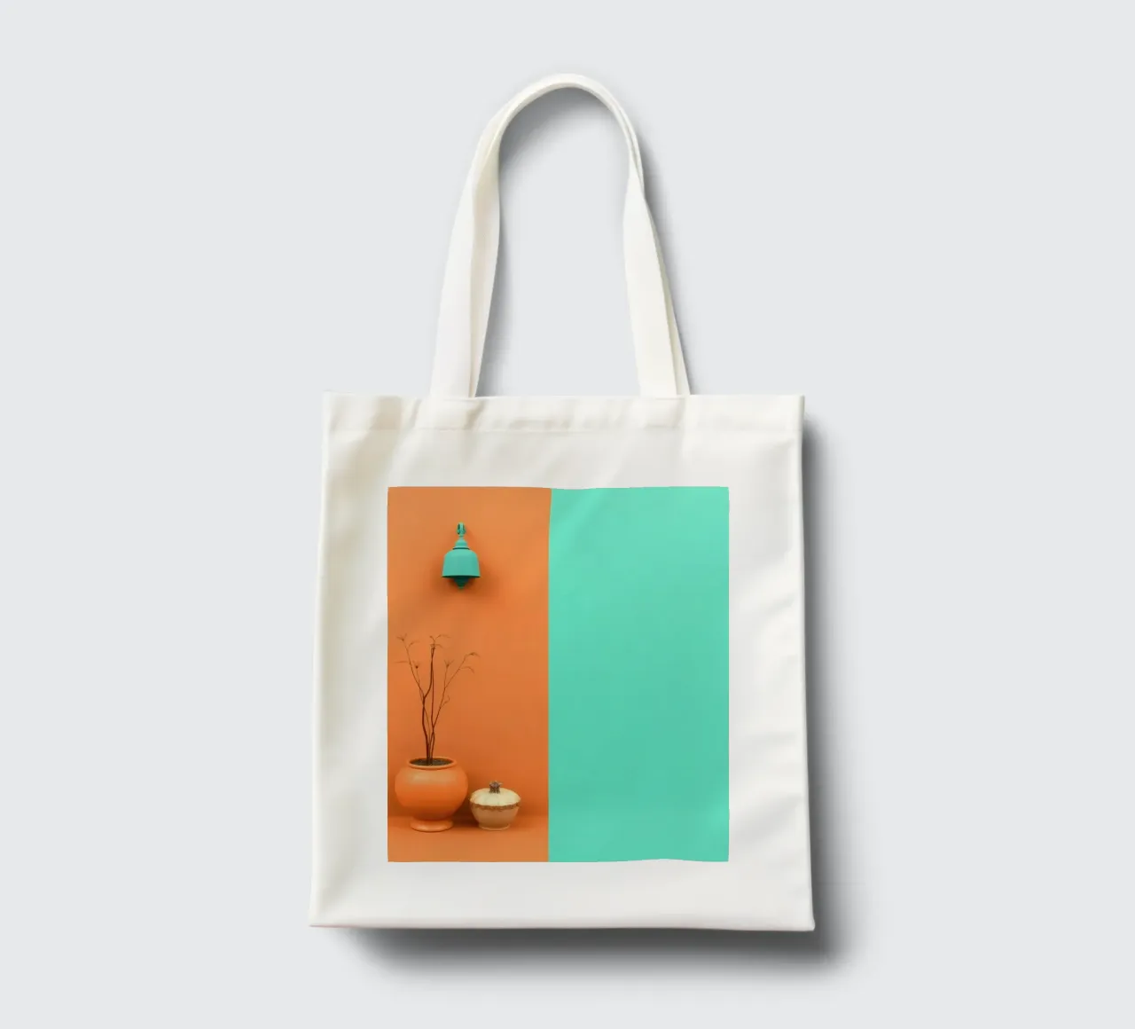 espositore decorativo con una pianta, una campana e zucche su un supporto borsa in juta da DesignDoodle