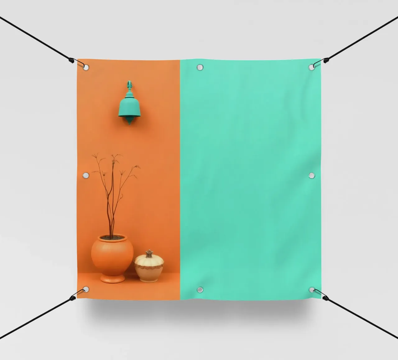 espositore decorativo con una pianta, una campana e zucche su un supporto telo in pvc da DesignDoodle