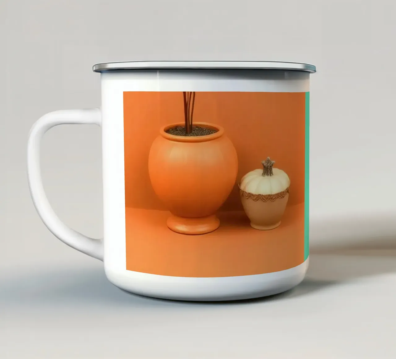 espositore decorativo con una pianta, una campana e zucche su un supporto tazza in smalto da DesignDoodle