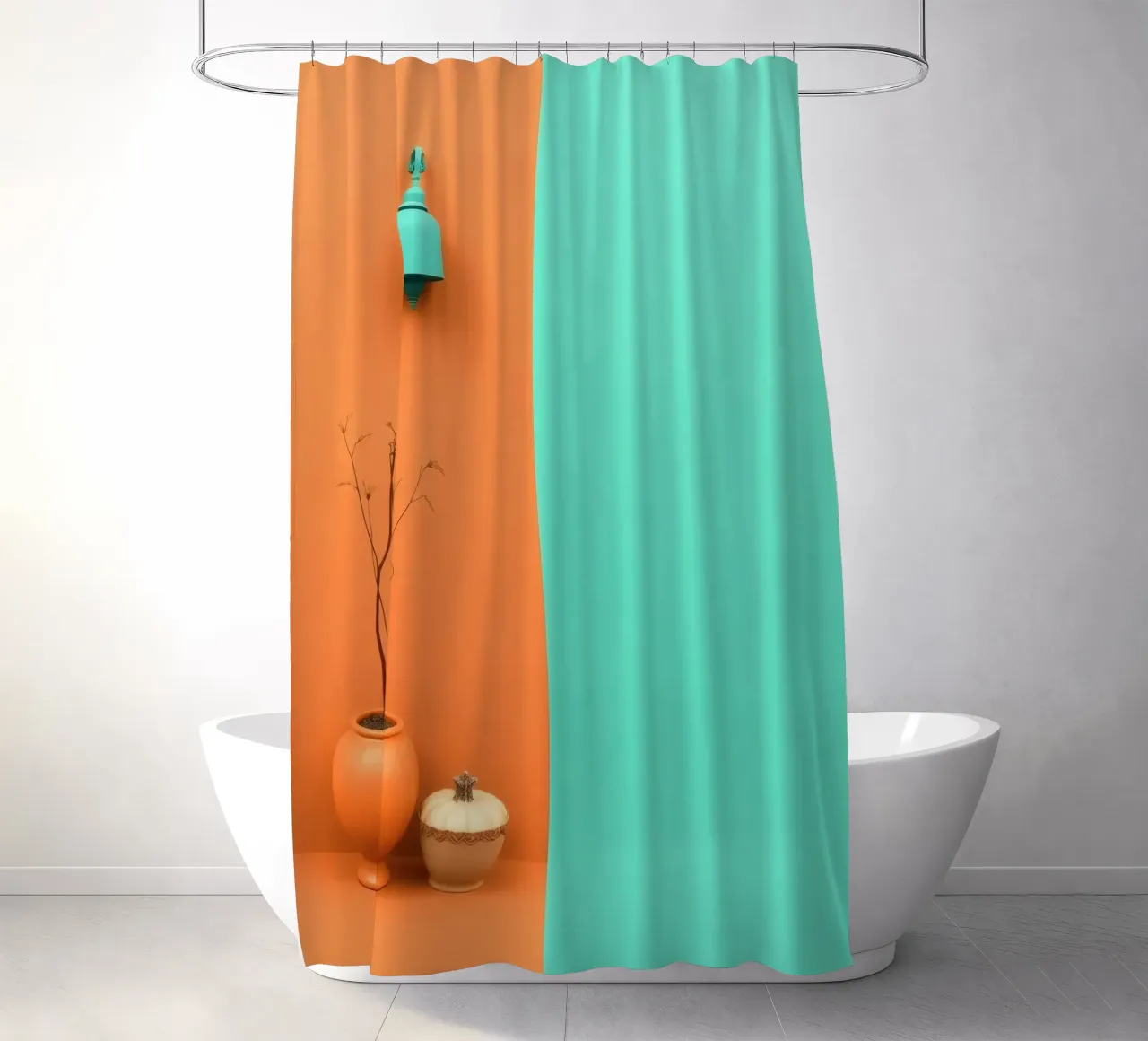 espositore decorativo con una pianta, una campana e zucche su un supporto tenda da doccia da DesignDoodle
