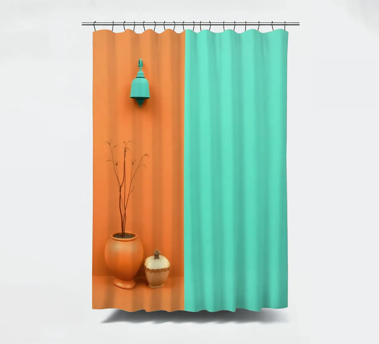 espositore decorativo con una pianta, una campana e zucche su un supporto tenda da doccia da DesignDoodle