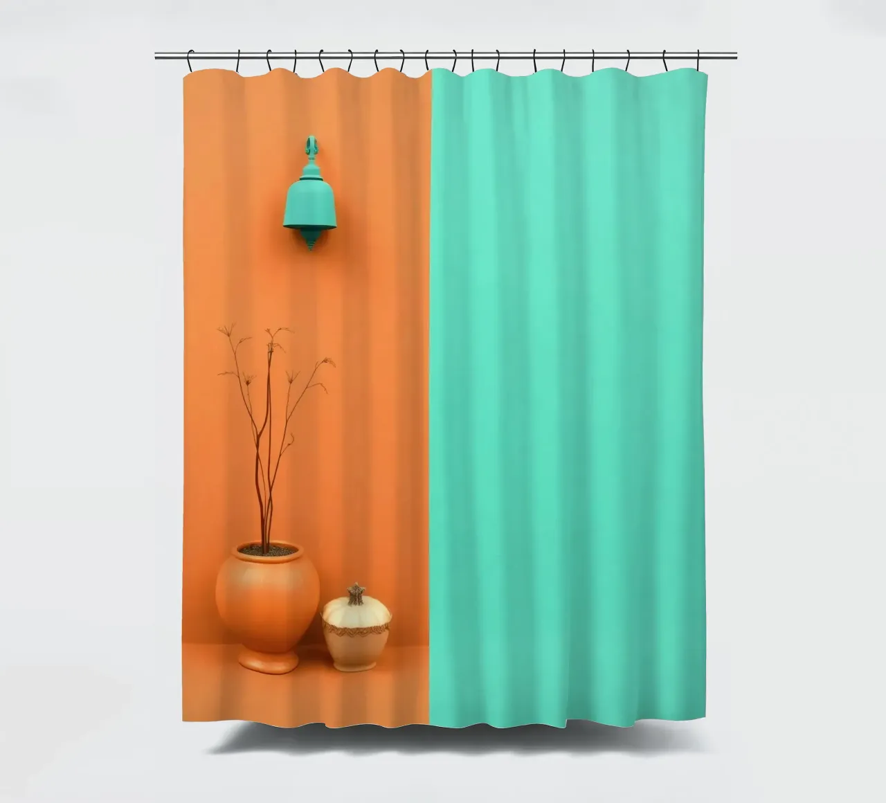 espositore decorativo con una pianta, una campana e zucche su un supporto tenda da doccia da DesignDoodle