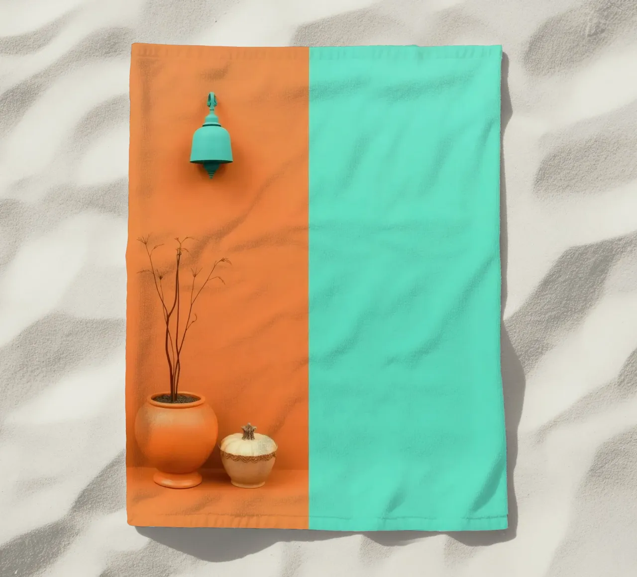 espositore decorativo con una pianta, una campana e zucche su un supporto telo mare da DesignDoodle