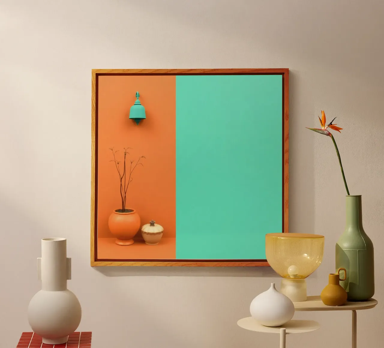 espositore decorativo con una pianta, una campana e zucche su un supporto plexiglass da DesignDoodle