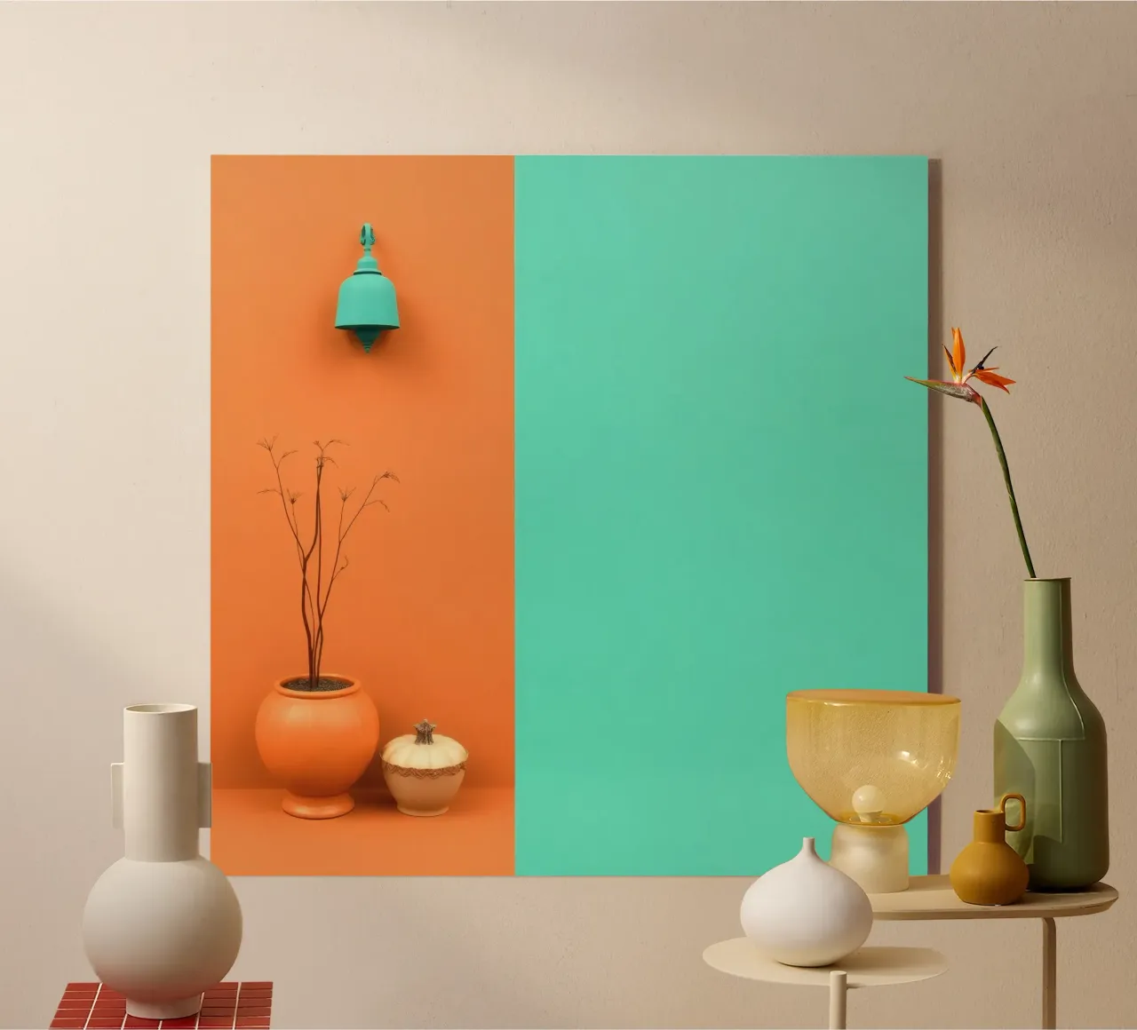 espositore decorativo con una pianta, una campana e zucche su un supporto plexiglass da DesignDoodle