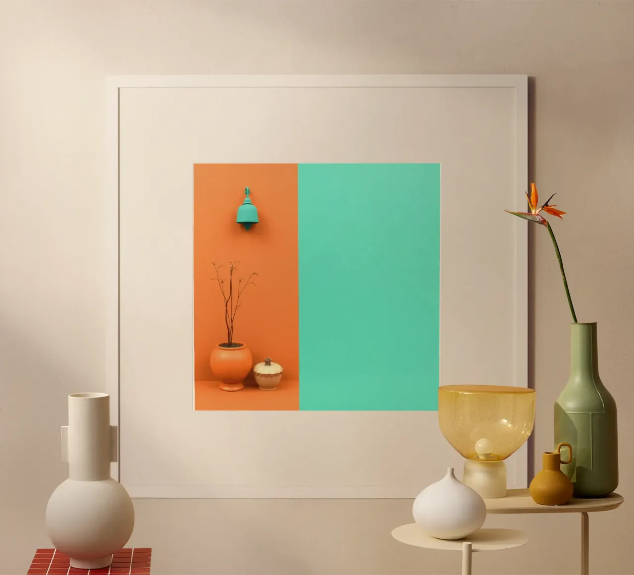 espositore decorativo con una pianta, una campana e zucche su un supporto carta hahnemühle da DesignDoodle