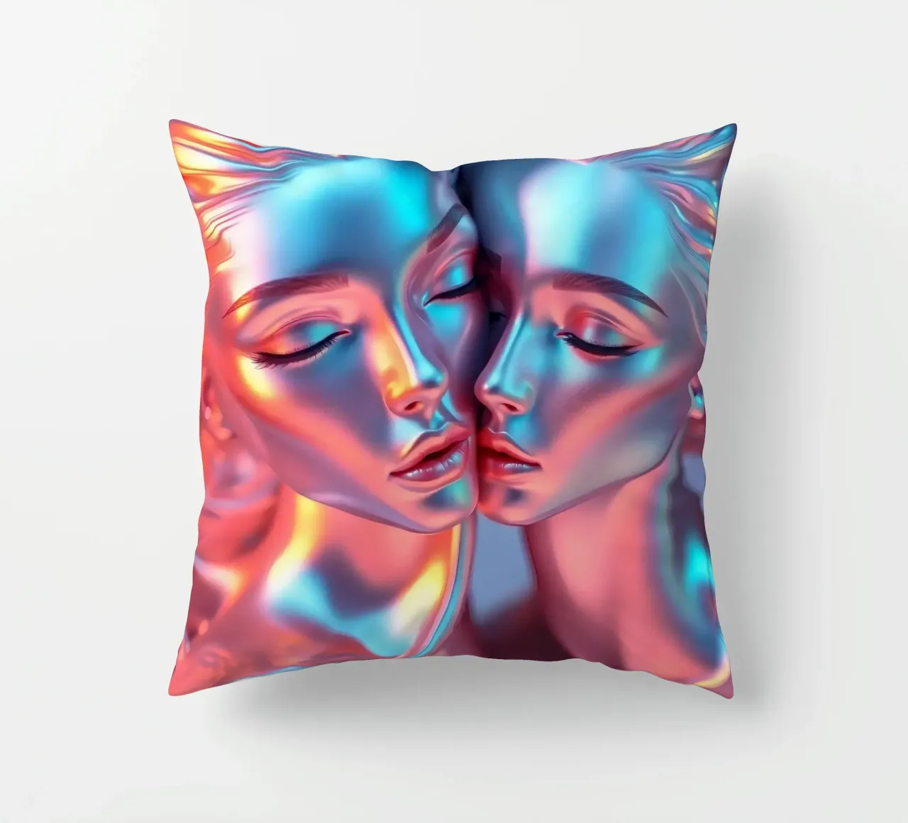 stylized figures with metallic sheen embracing in harmony decorative cushion by DesignDoodle