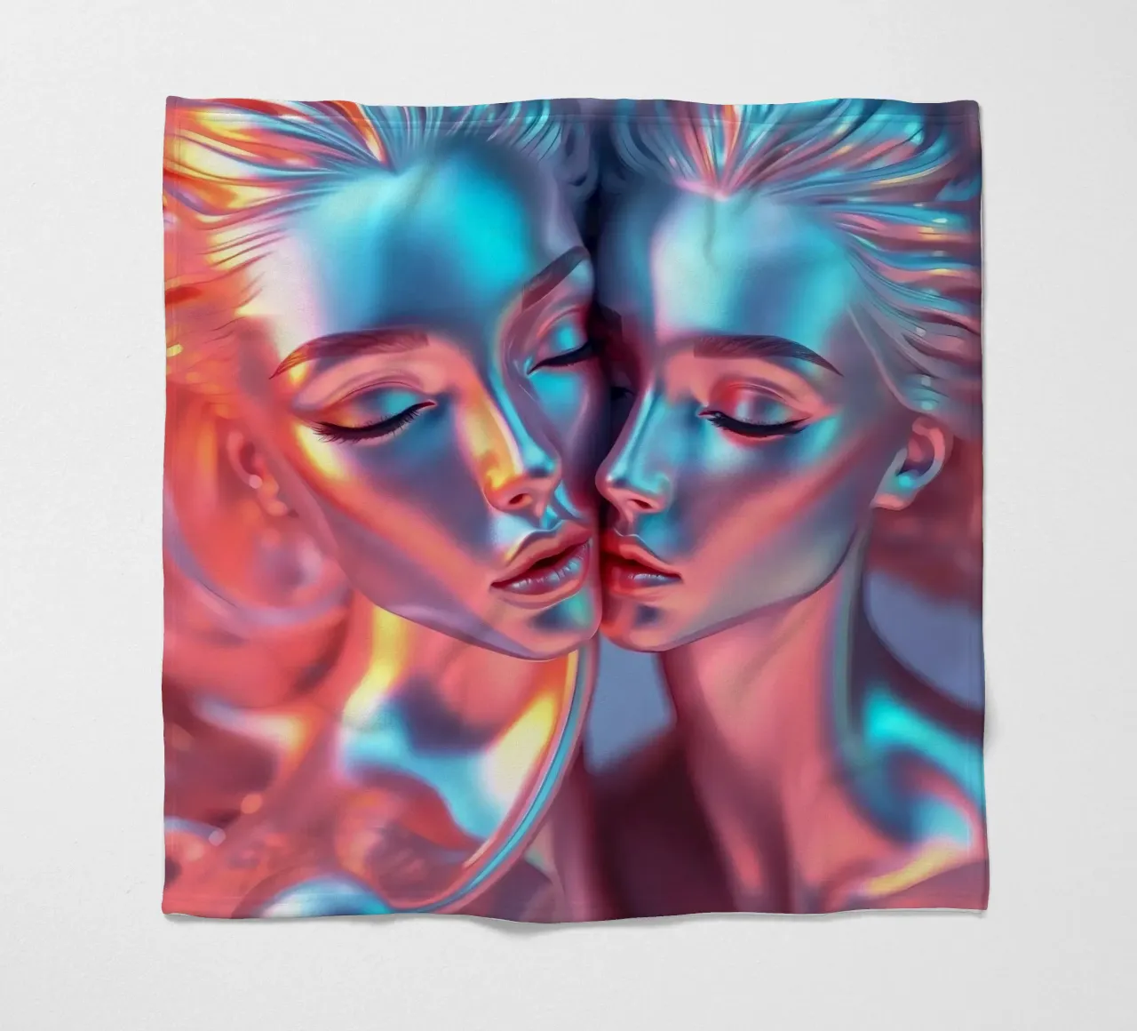 stylized figures with metallic sheen embracing in harmony fleece blanket by DesignDoodle