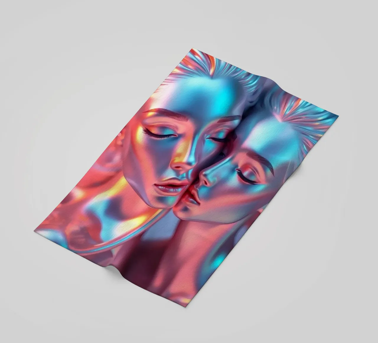 stylized figures with metallic sheen embracing in harmony beach towel by DesignDoodle