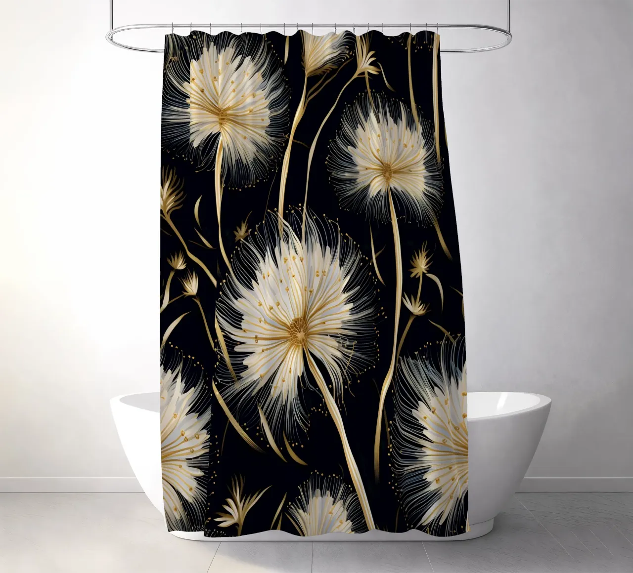 Golden Dandelions shower curtain by Botanical Pattern House