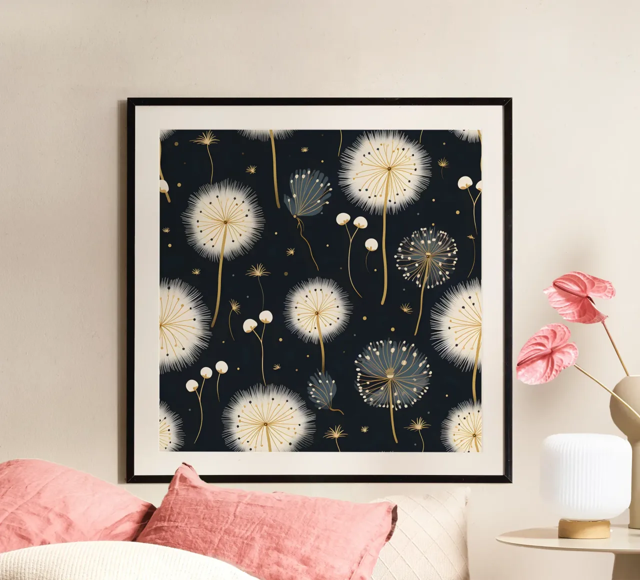 Denti di leone dorati poster con telaio in alluminio da Botanical Pattern House
