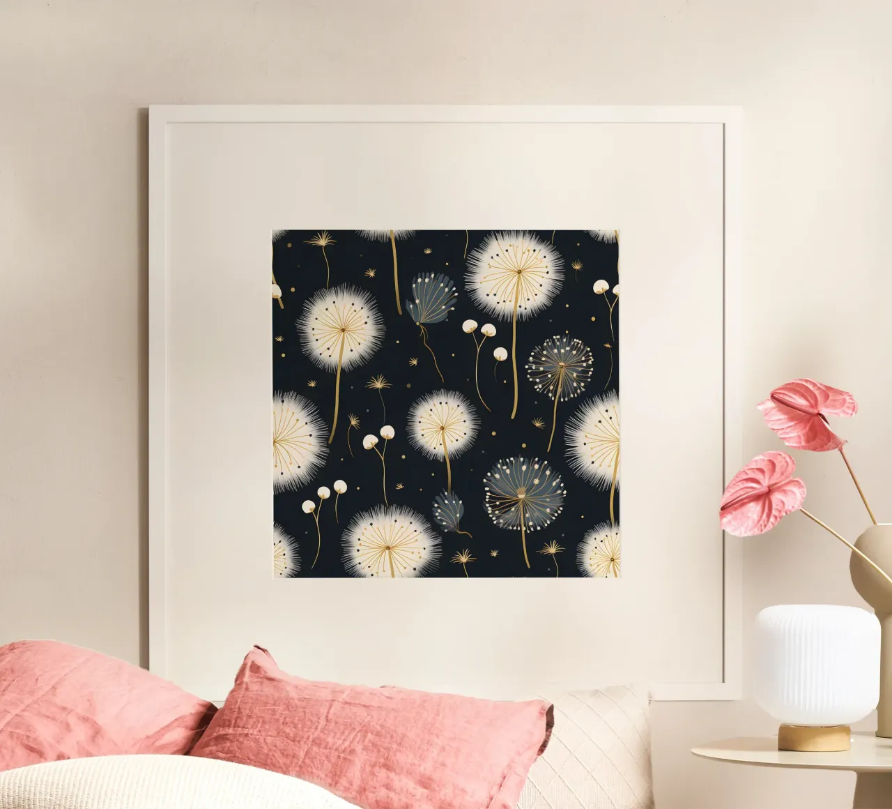 Denti di leone dorati poster con telaio in alluminio da Botanical Pattern House