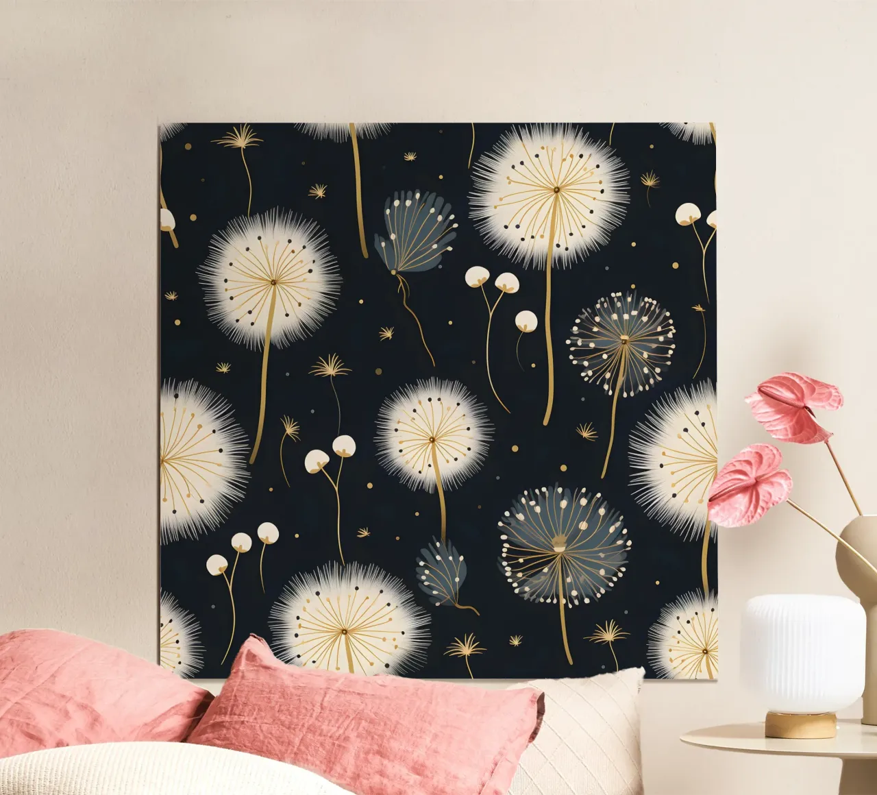 Denti di leone dorati poster con telaio in alluminio da Botanical Pattern House