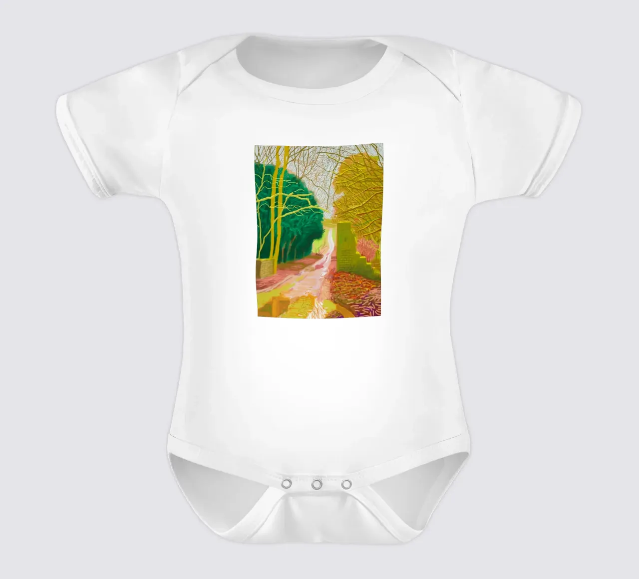 The Arrival of Spring in Woldgate short-sleeve baby romper by Maegan