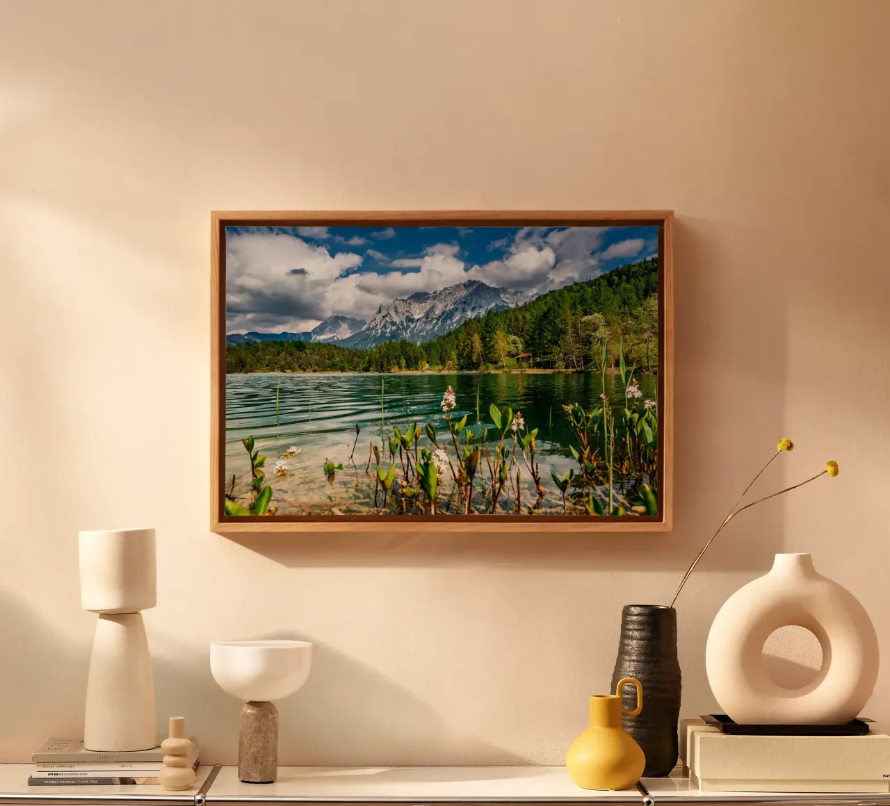 Lautersee in summer with a view of the Karwendel mountains canvas with Floater frame by 5ecken