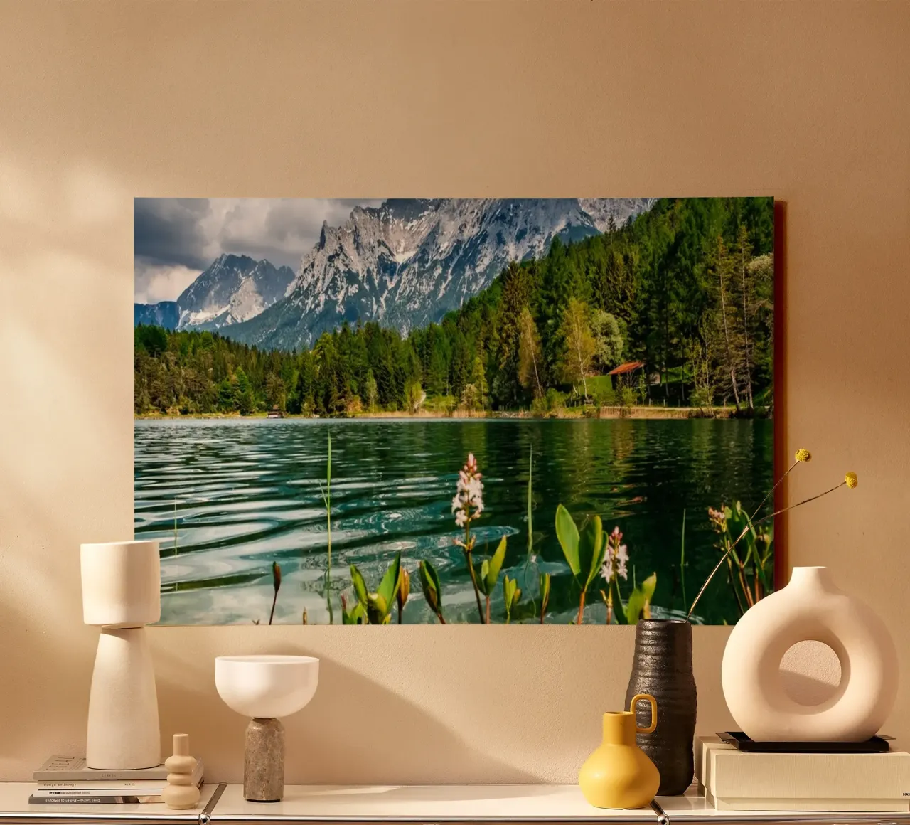 Lautersee in summer with a view of the Karwendel mountains canvas with Floater frame by 5ecken