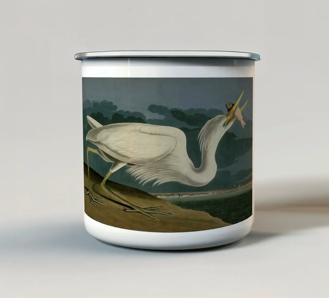 Vintage Audubon 2 White Heron tazza in smalto da Vintage Print Collection