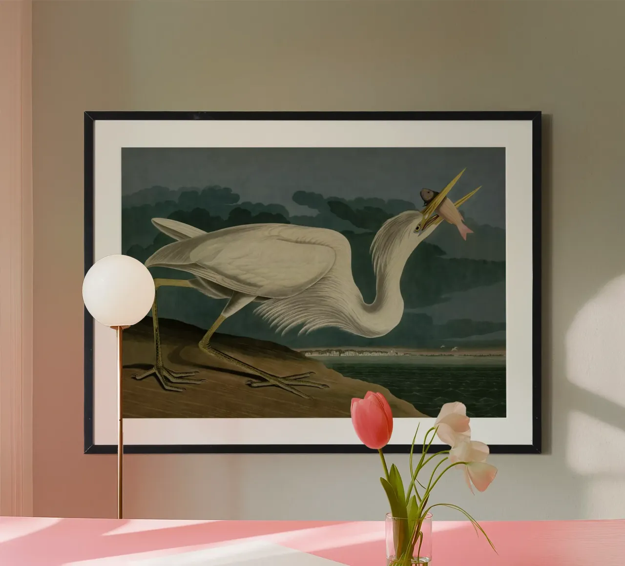 Vintage Audubon 2 White Heron poster con telaio in plastica da Vintage Print Collection