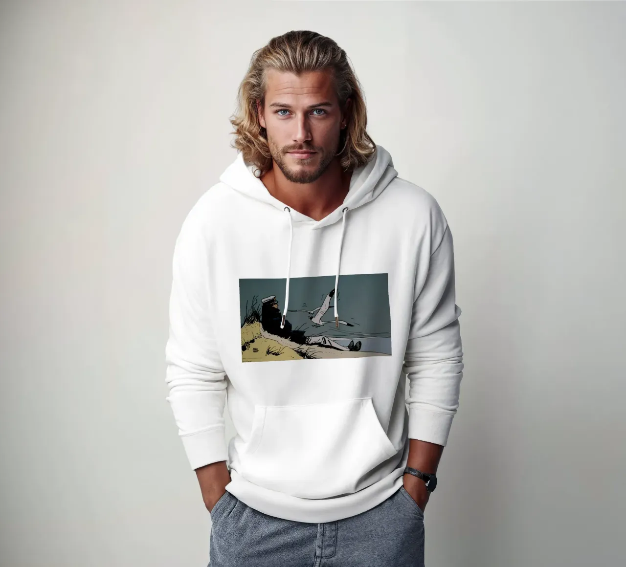 Hugo Pratt Marinaio maltese sulla spiaggia felpa con cappuccio da MIa_Dispath