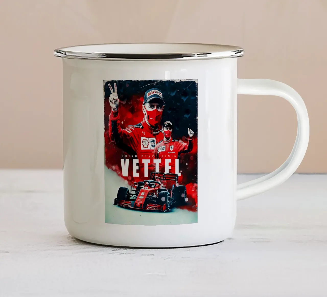 Sebastian Vettel tazza in smalto da Indah Creative