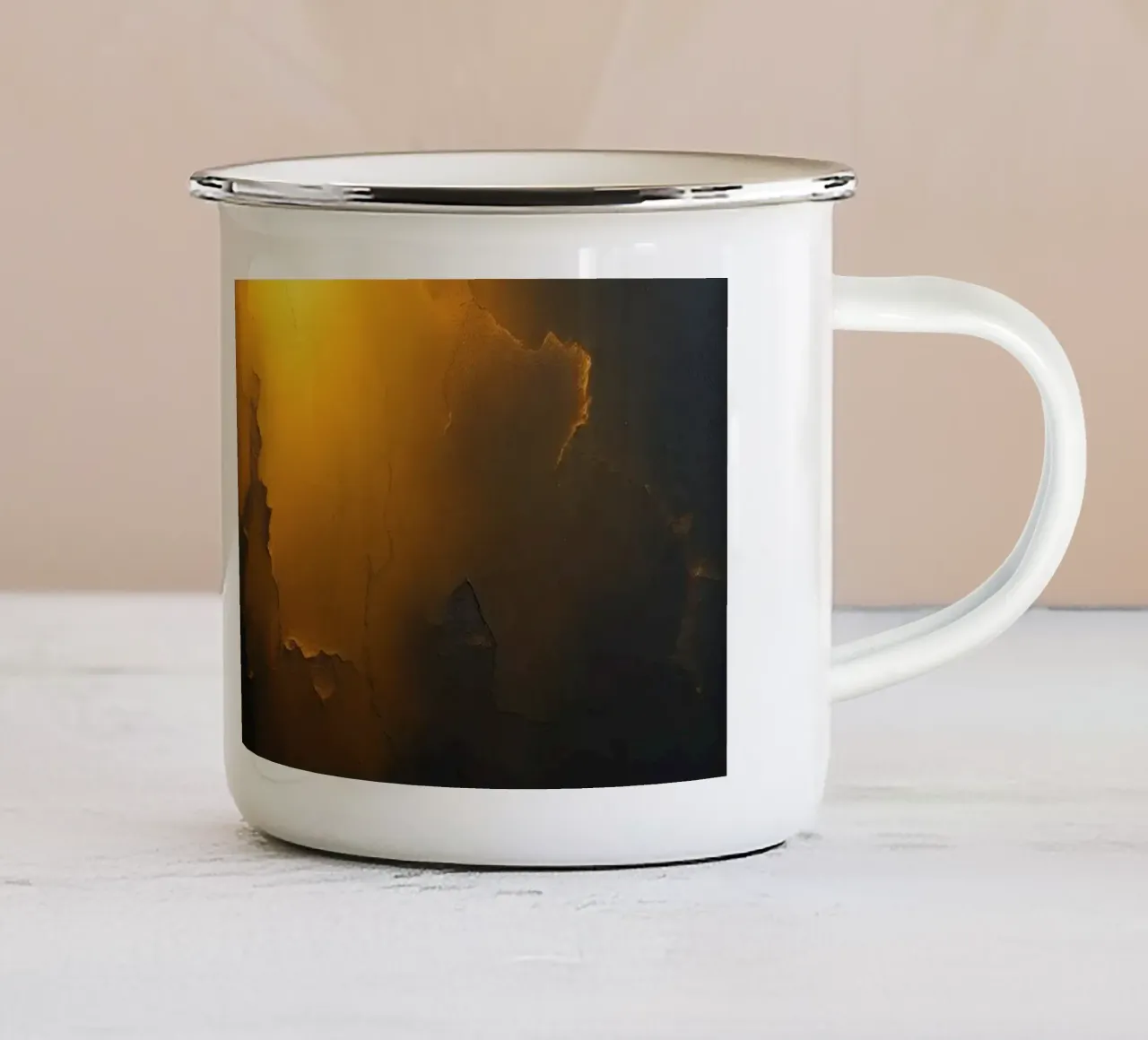 Artistic depiction of illuminated cracks and shadows enamel mug by DesignDoodle