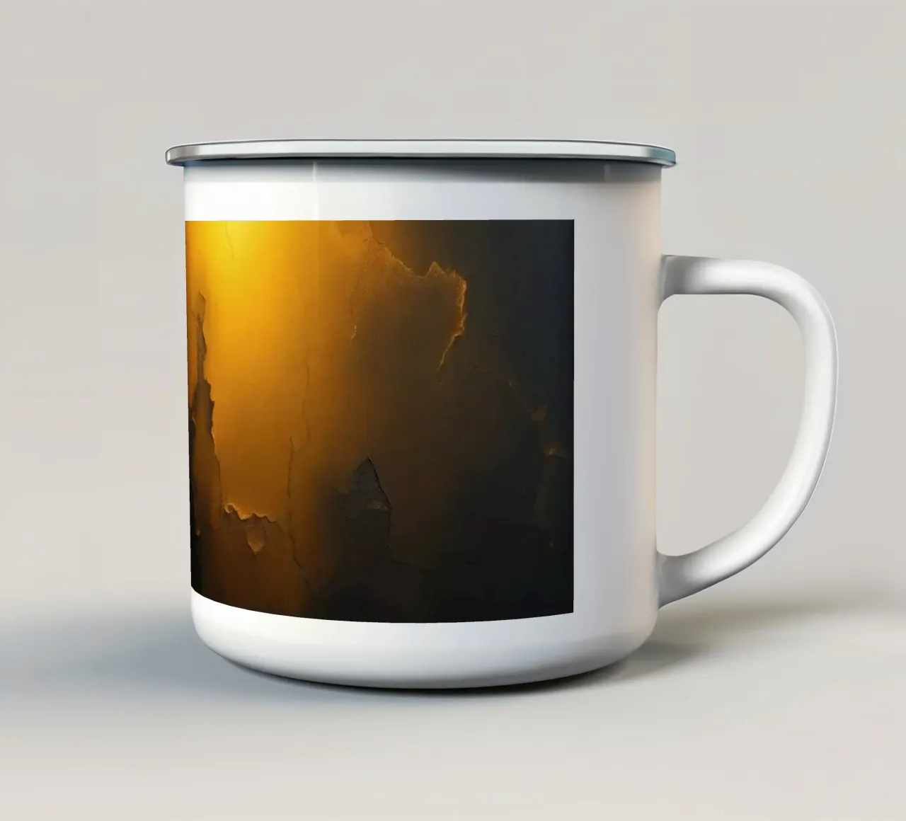 Artistic depiction of illuminated cracks and shadows enamel mug by DesignDoodle
