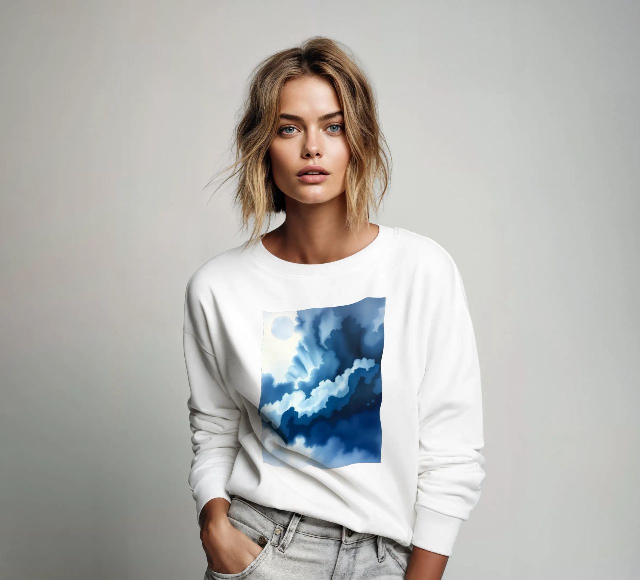 Bright clouds reflect light in a calm bluish atmosphere sweatshirt by DesignDoodle